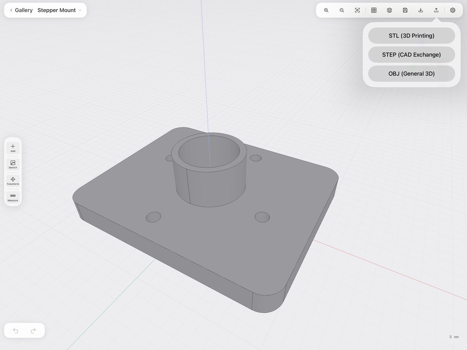 The export sheet in Bright CAD listing STL (3D Printing), STEP (CAD Exchange) and OBJ (General 3D), beside the finished part.
