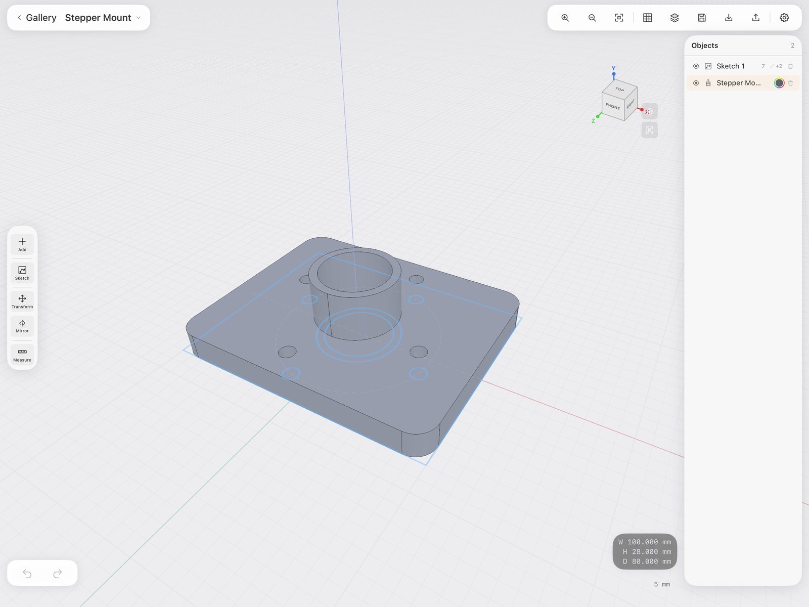 Bright CAD on an iPad: the Stepper Mount project — a sketch shown on the plane it was drawn on, the solid extruded from it, and its width, height and depth in millimetres.